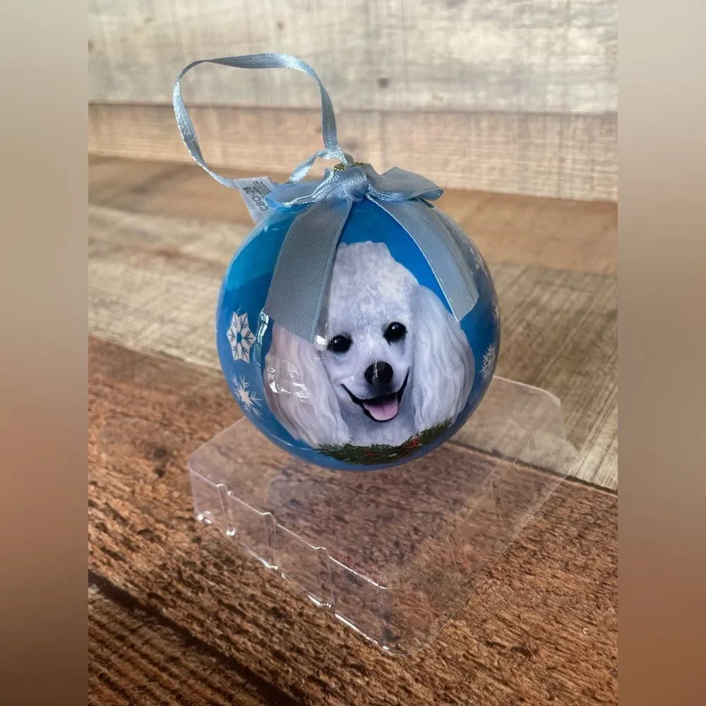 NEW- White Poodle Dog Christmas Ornament Blue Snowflakes Round  E&S Pets